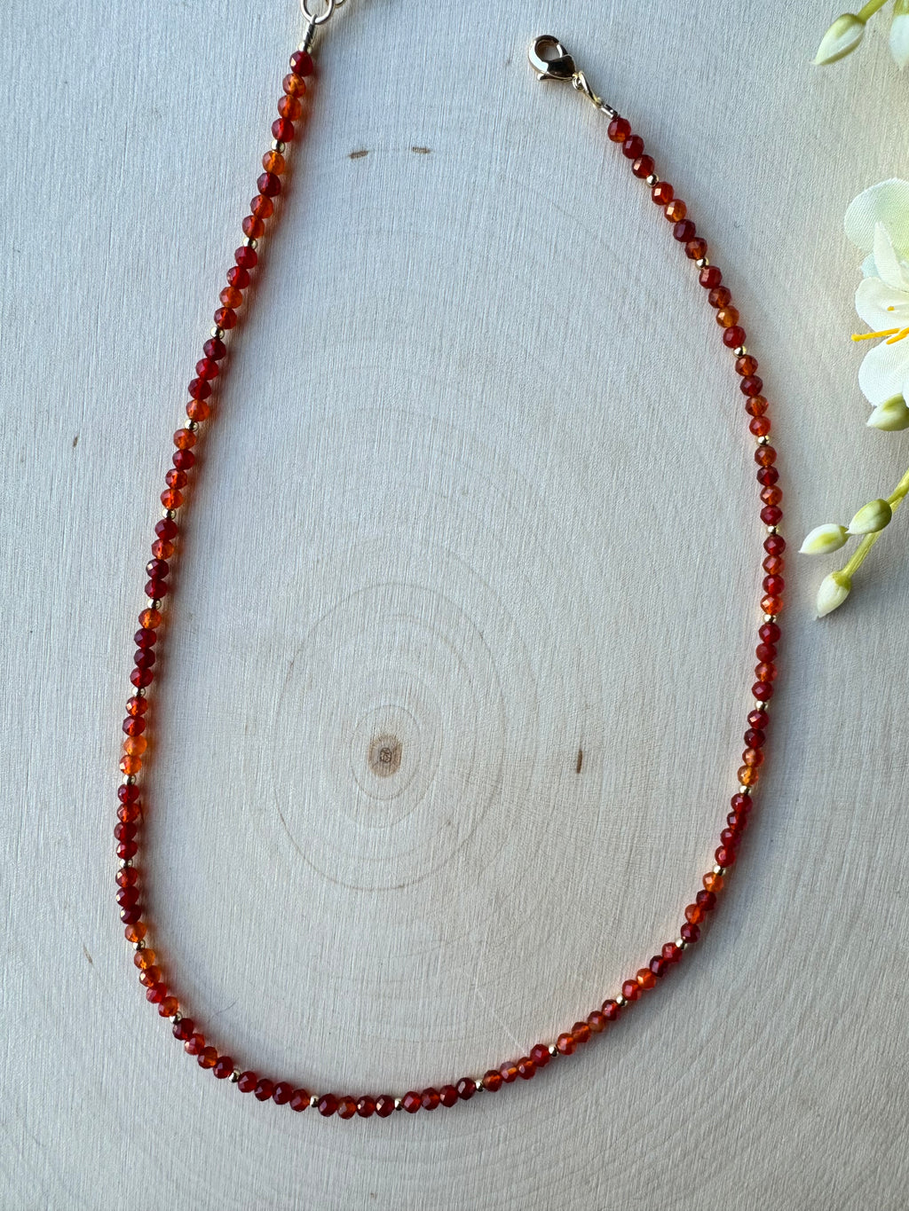 handmade beaded carnelian agate gemstone necklace with 14k gold filled findings, full necklace