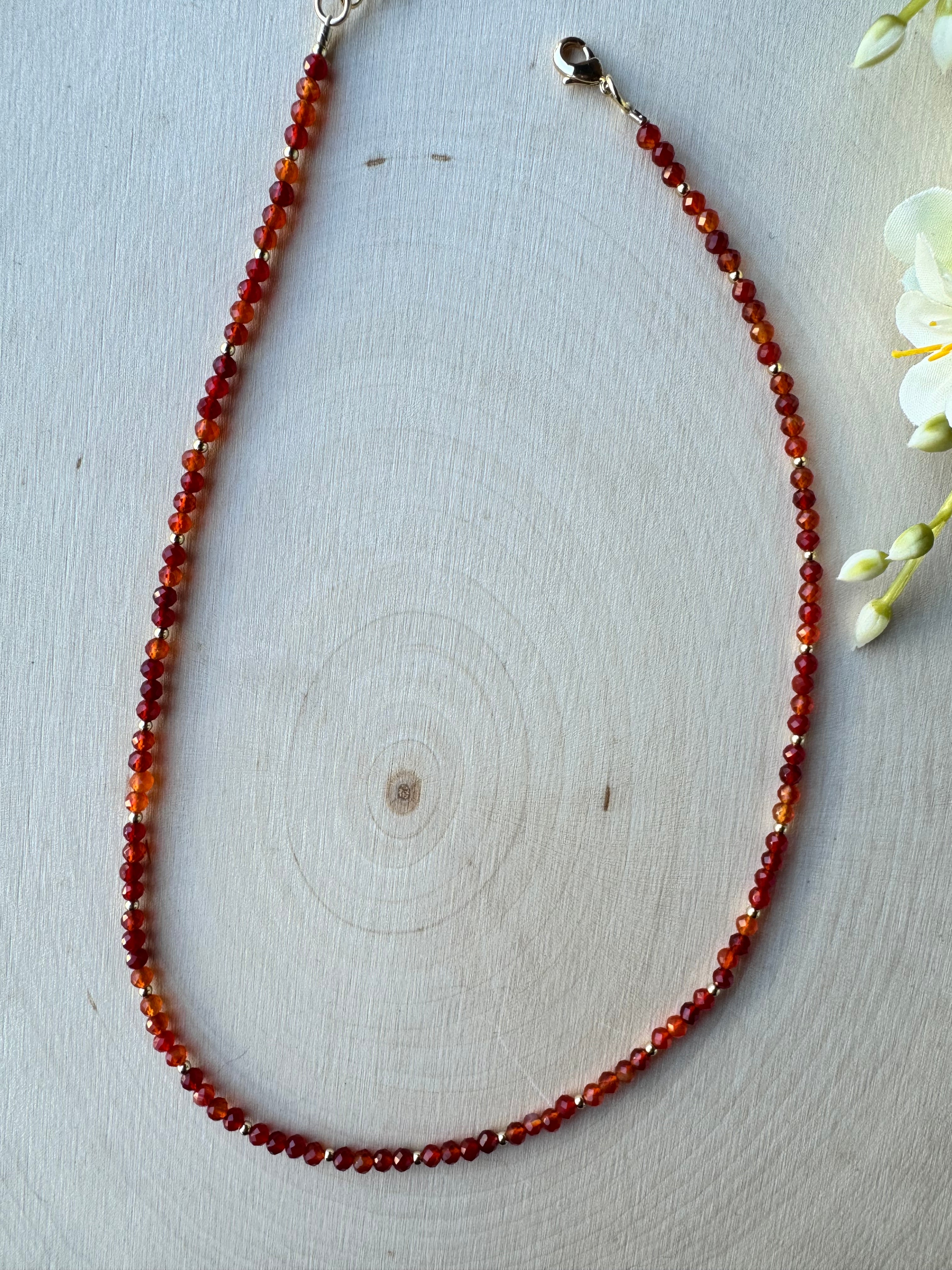 handmade beaded carnelian agate gemstone necklace with 14k gold filled findings, full necklace