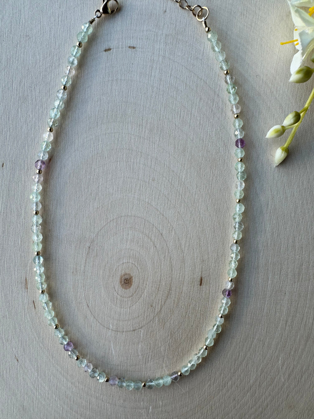 fluorite gemstone handmade necklace with 14k gold filled, lobster clasp, full photo