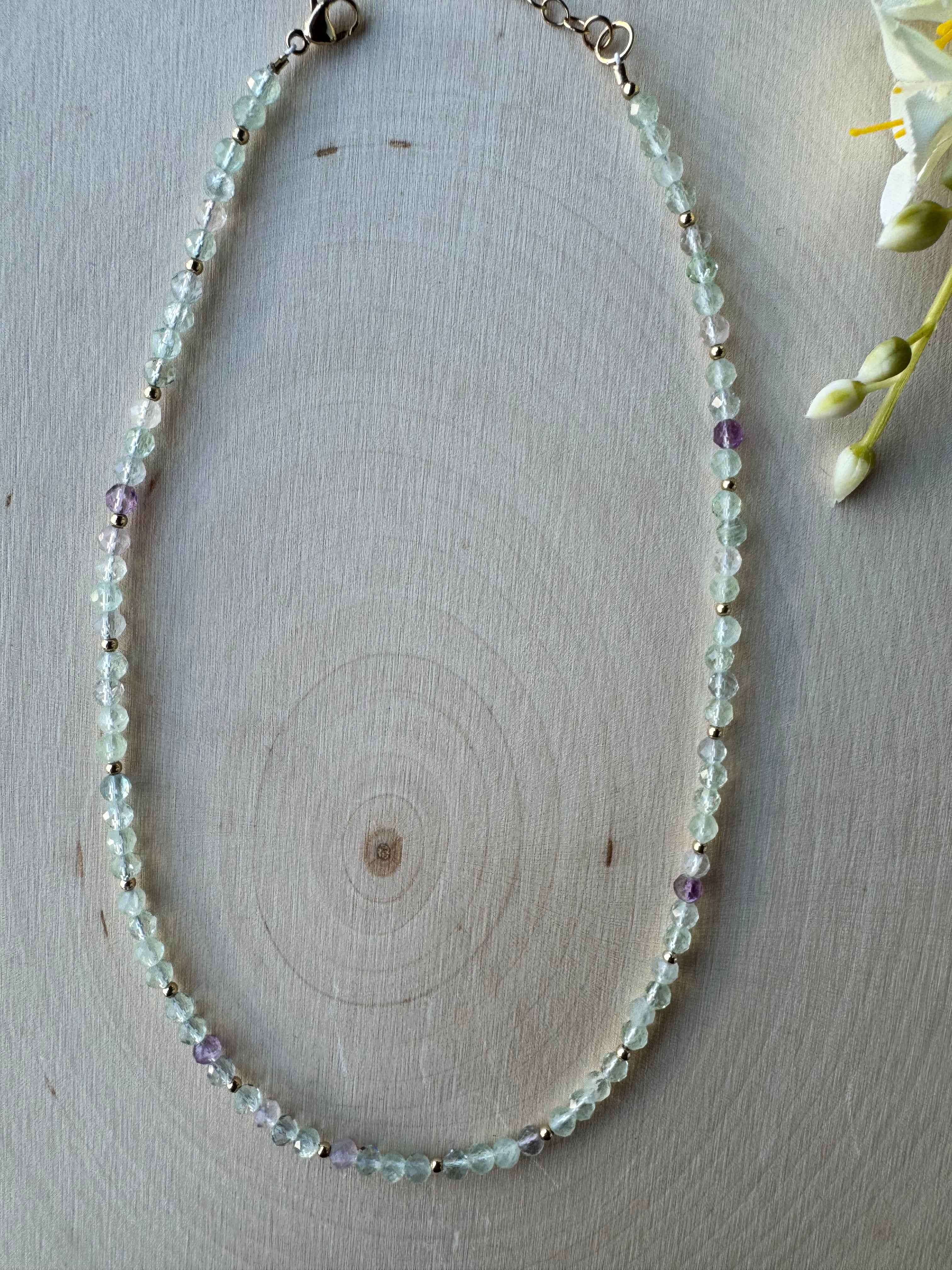 fluorite gemstone handmade necklace with 14k gold filled, lobster clasp, full photo