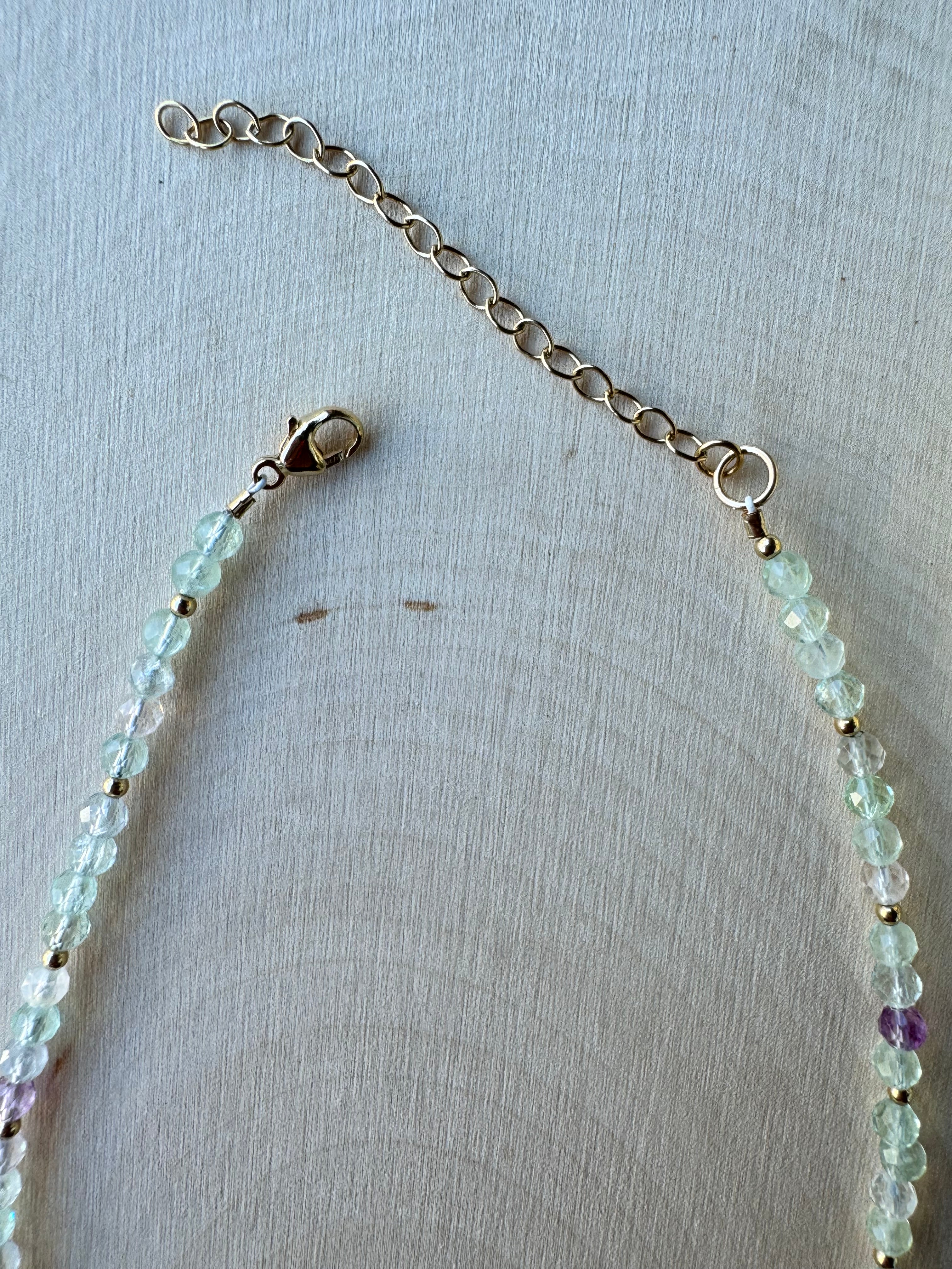 fluorite gemstone handmade necklace with 14k gold filled, lobster clasp, closeup of clasp