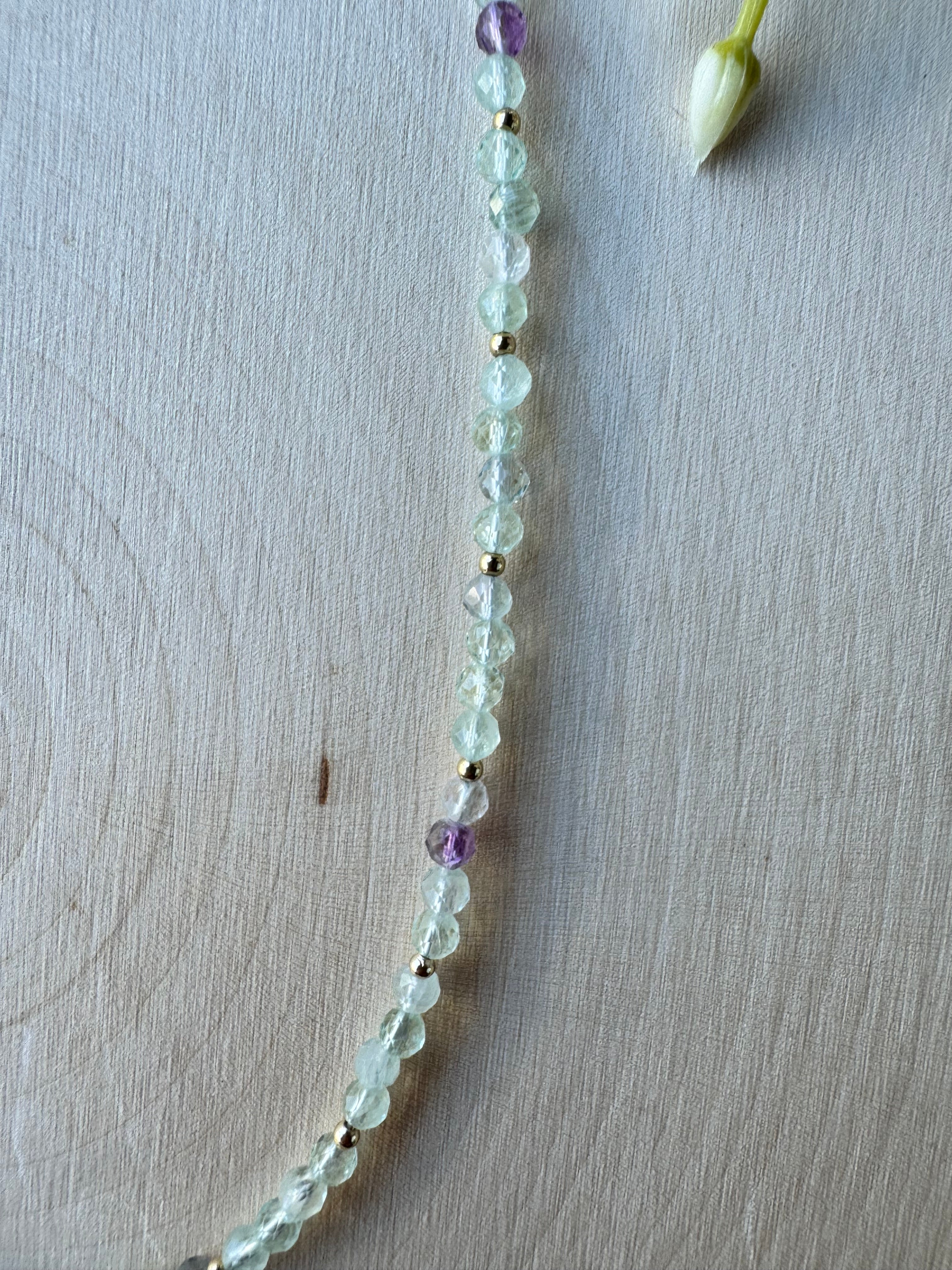 fluorite gemstone handmade necklace with 14k gold filled, lobster clasp, closeup of faceted beads