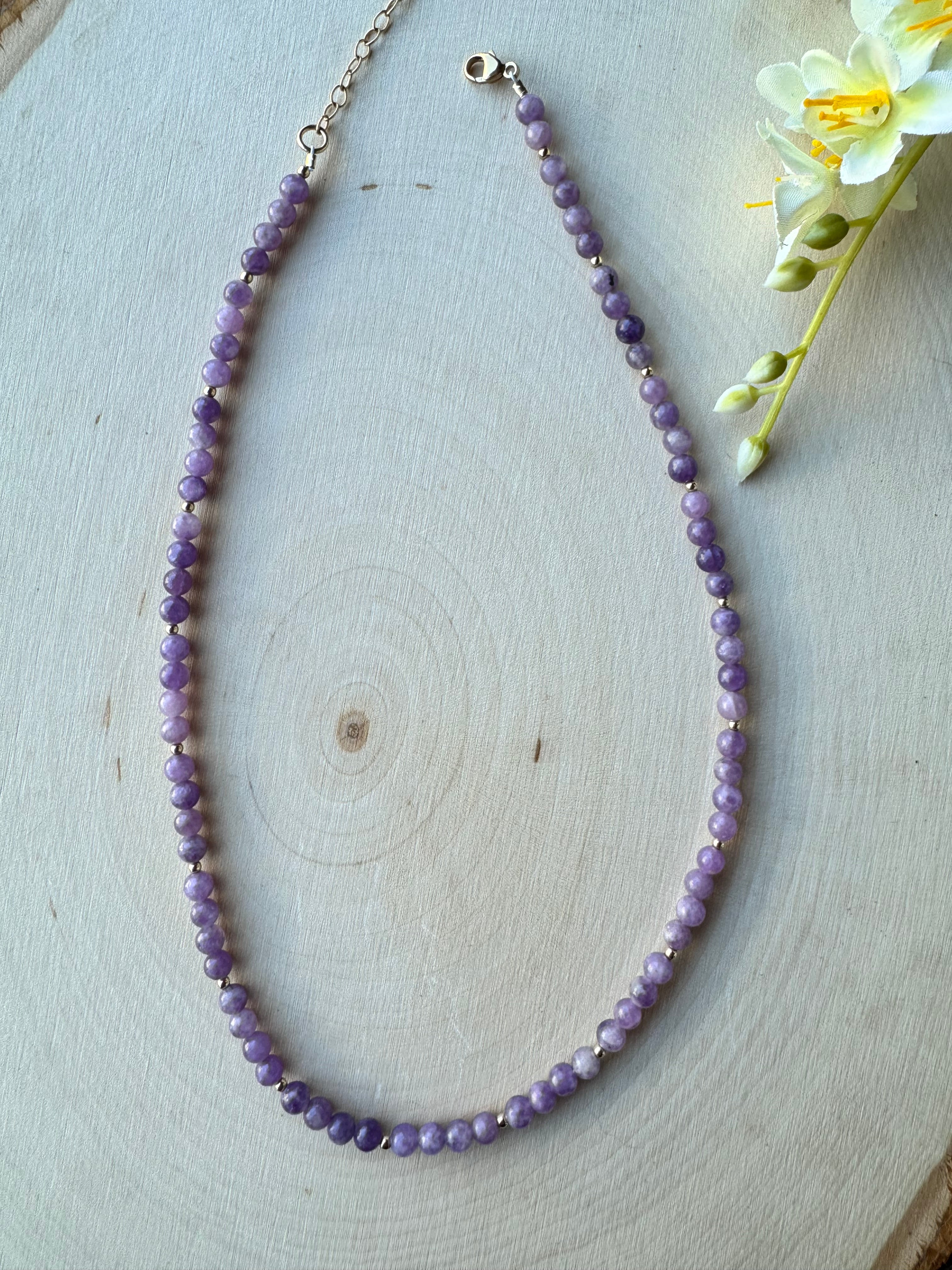 lepidolite gemstone handmade beaded necklace with 14k gold filled, full necklace