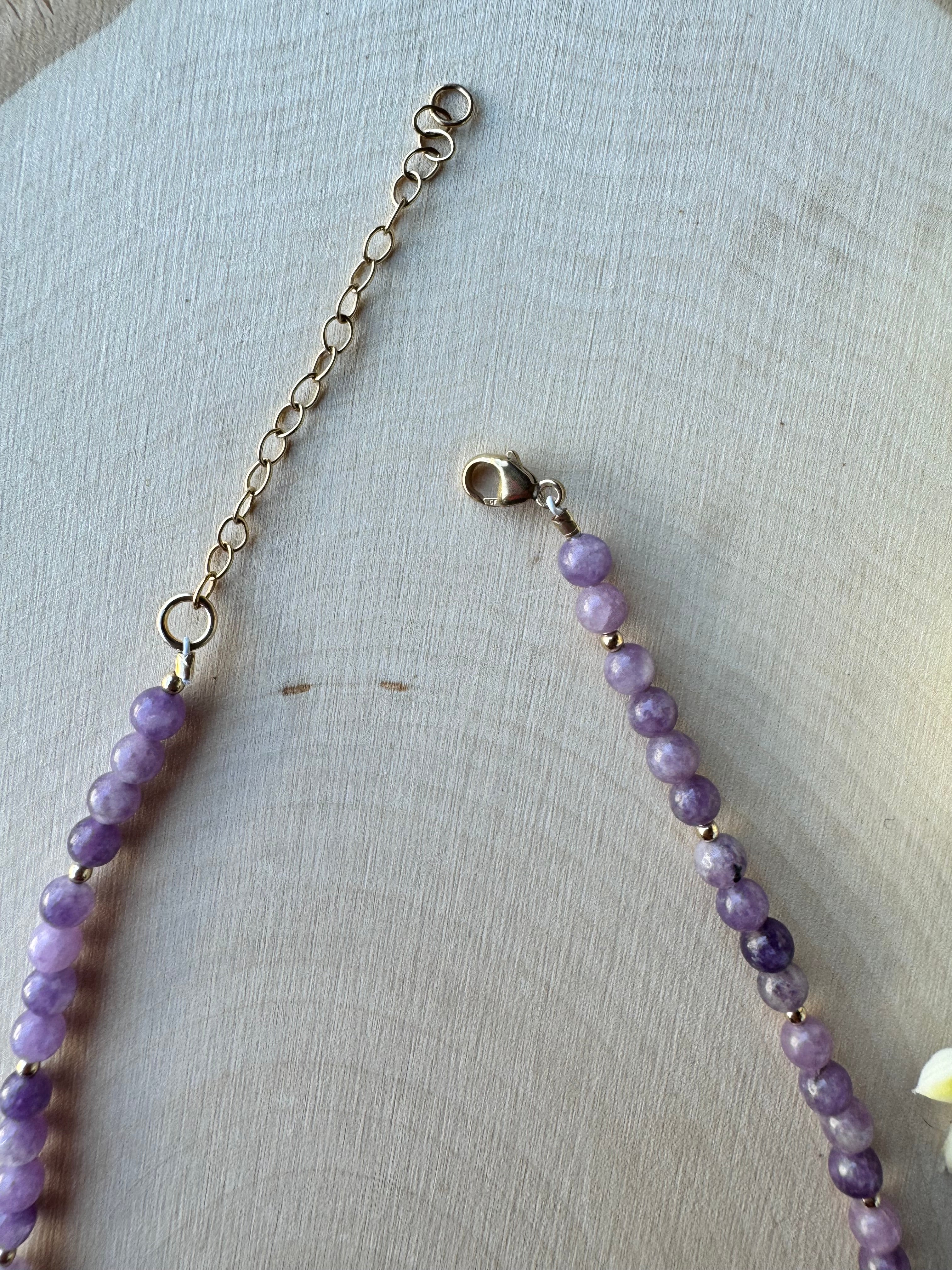 lepidolite gemstone handmade beaded necklace with 14k gold filled, closeup of lobster clasp