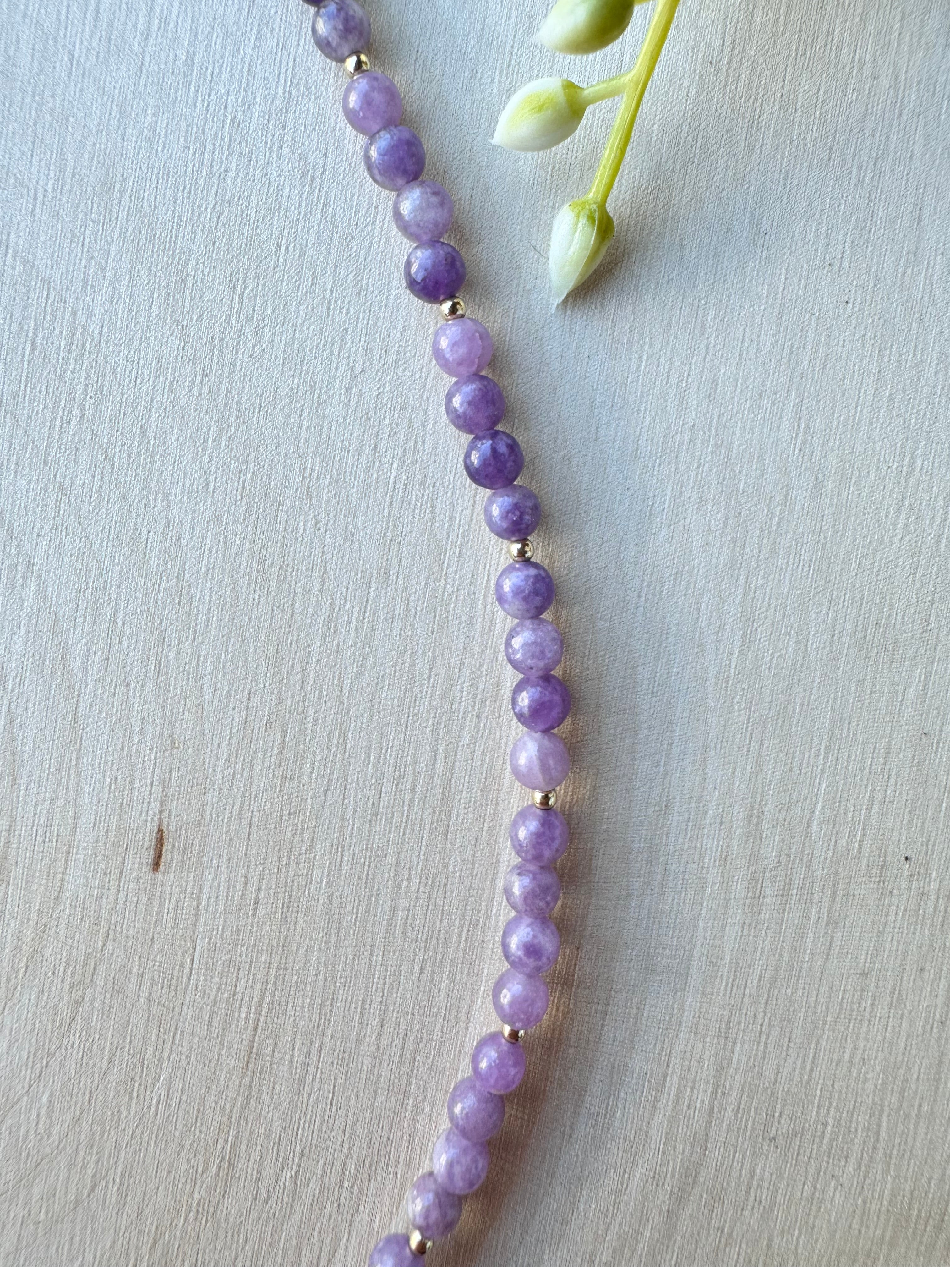 lepidolite gemstone handmade beaded necklace with 14k gold filled, closeup of purple lepidolite beads
