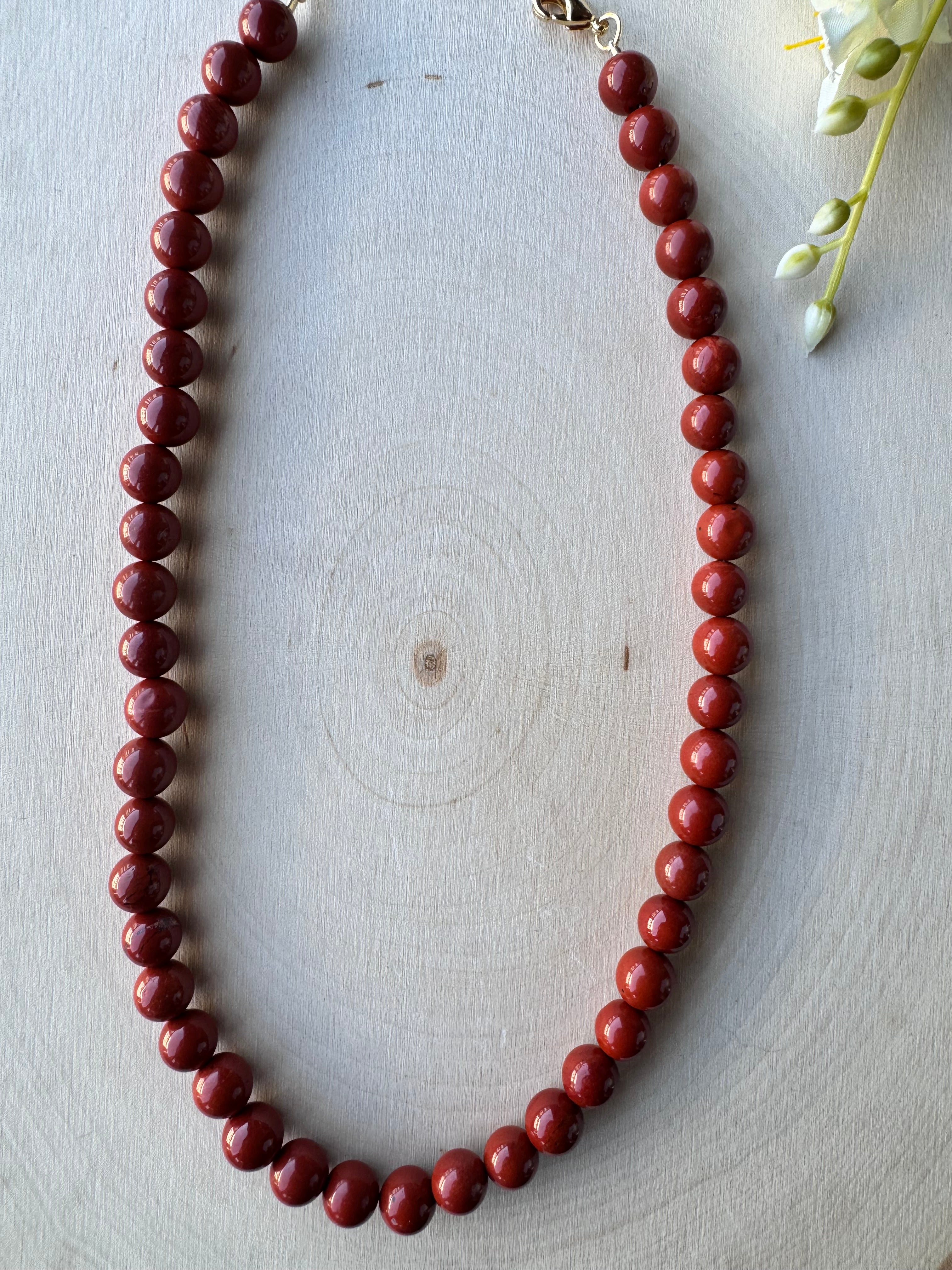handmade red jasper beaded gemstone necklace with 14k gold filled findings, full necklace