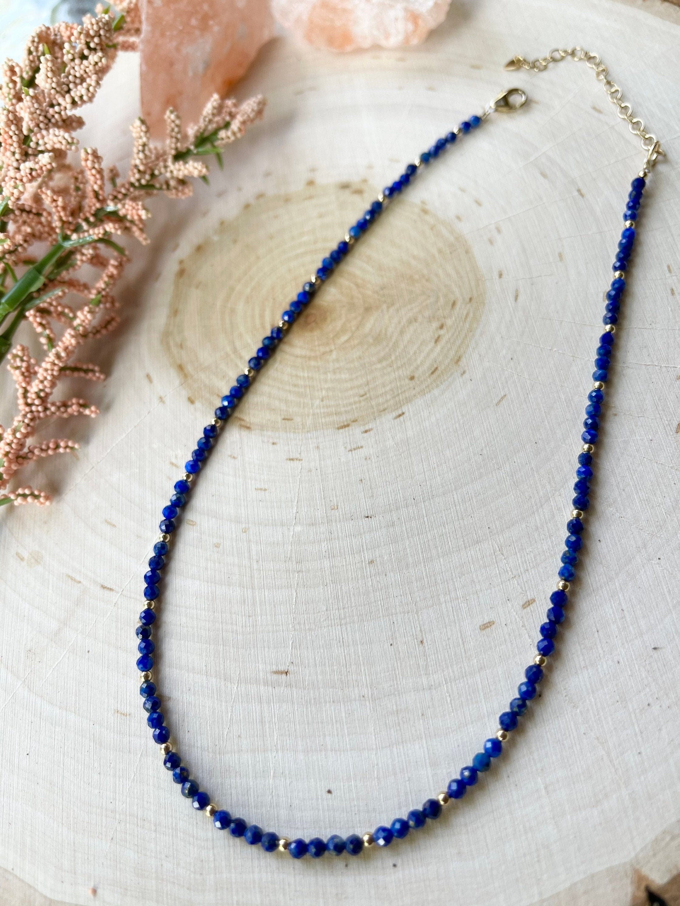 handmade lapis lazuli gemstone beaded necklace with 14k gold filled 