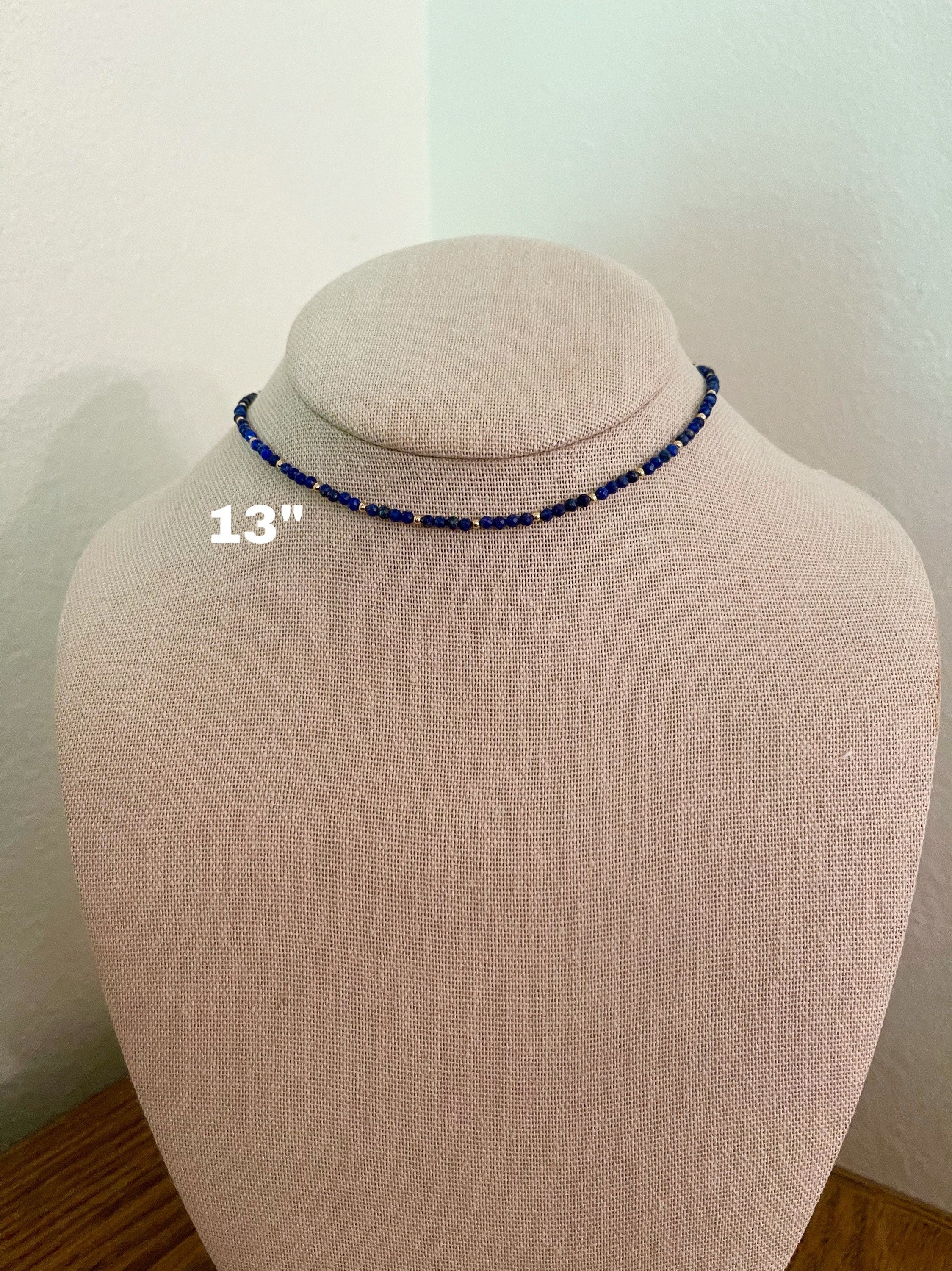 handmade lapis lazuli beaded gemstone necklace, 13 inch size display 
