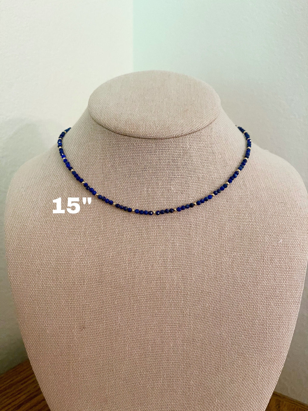 handmade lapis lazuli beaded gemstone necklace with 14k gold filled, 15 inch size display 