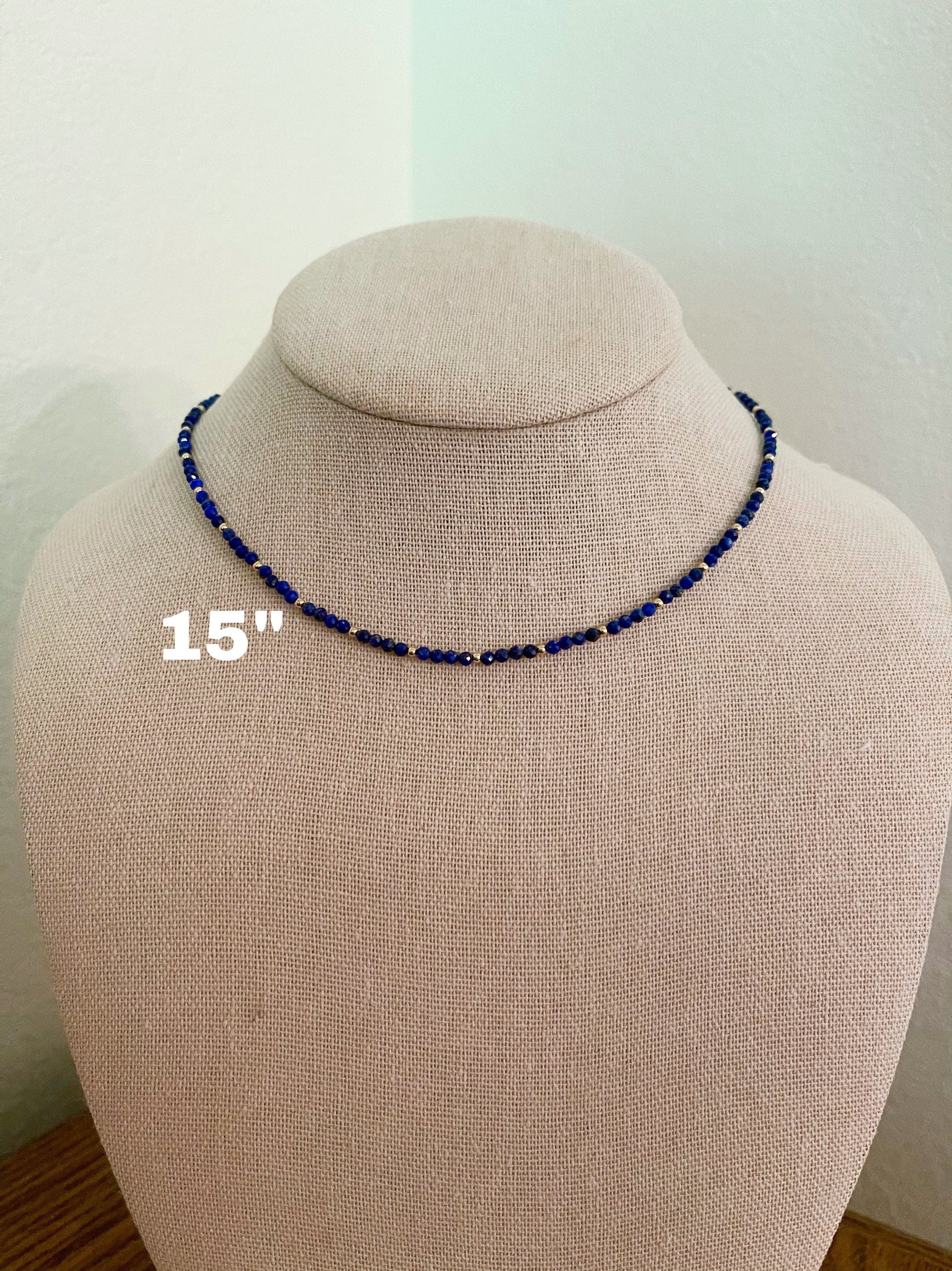 handmade lapis lazuli beaded gemstone necklace with 14k gold filled, 15 inch size display 