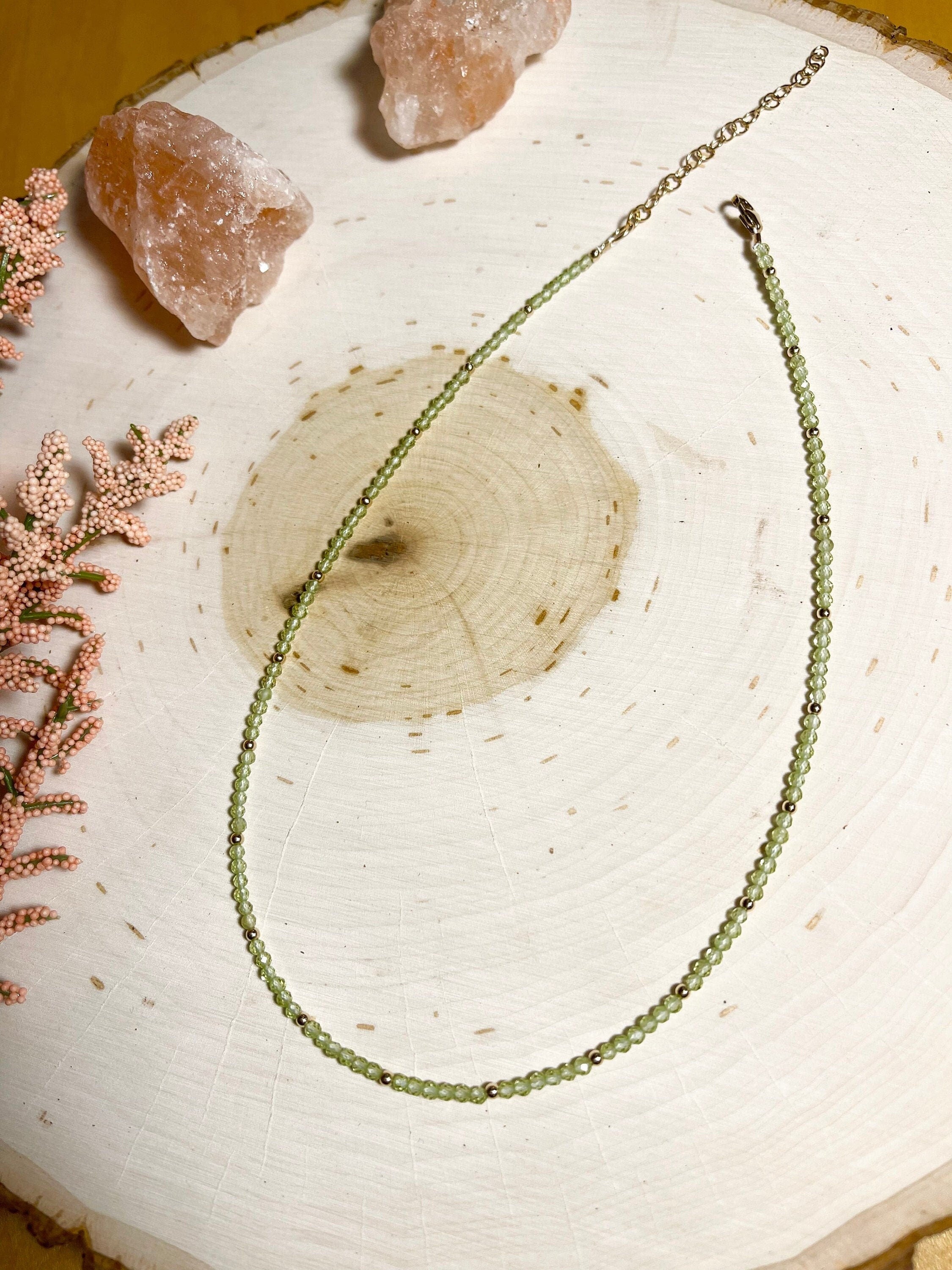 handmade peridot beaded gemstone necklace with 14k gold filled 