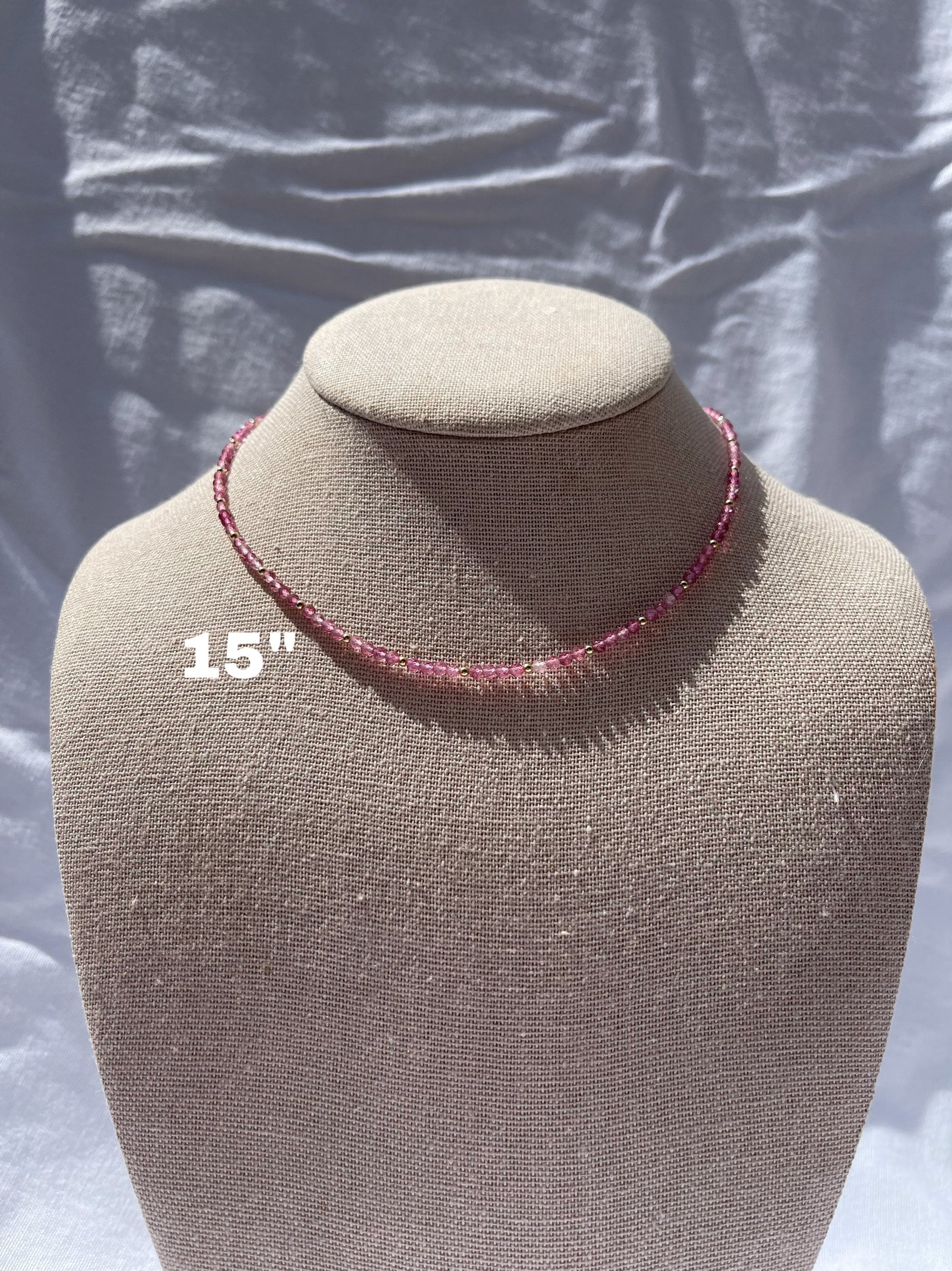 handmade pink tourmaline gemstone necklace, size reference