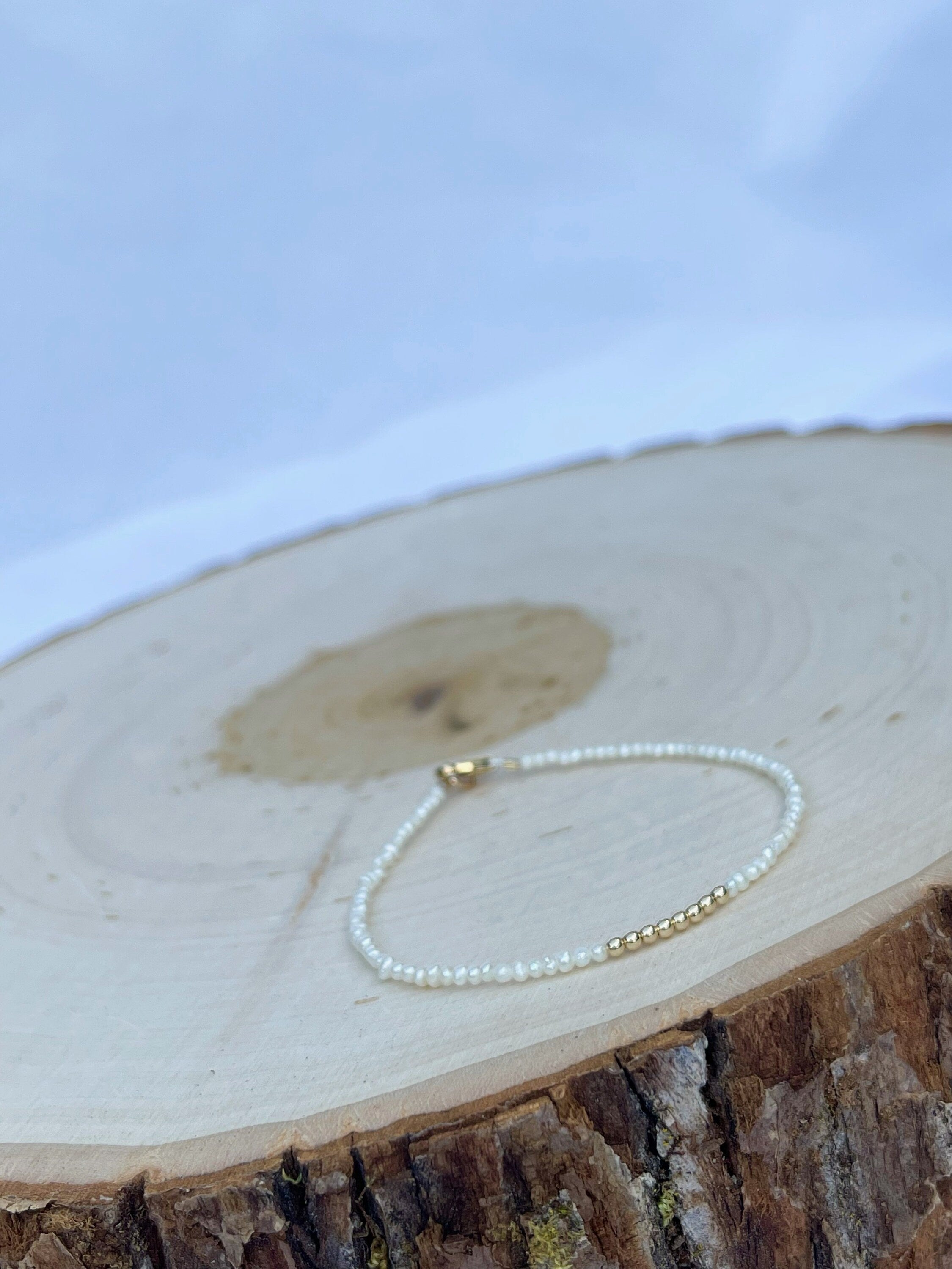 handmade pearl birthstone bracelet with 14k gold filled, side view