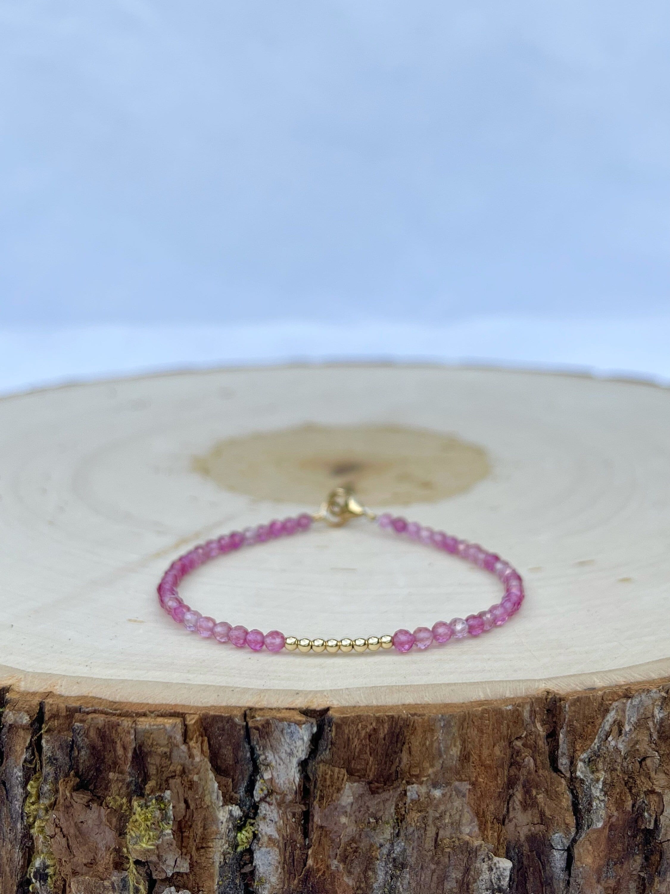 handmade pink tourmaline birthstone gem bracelet, 14k gold filled