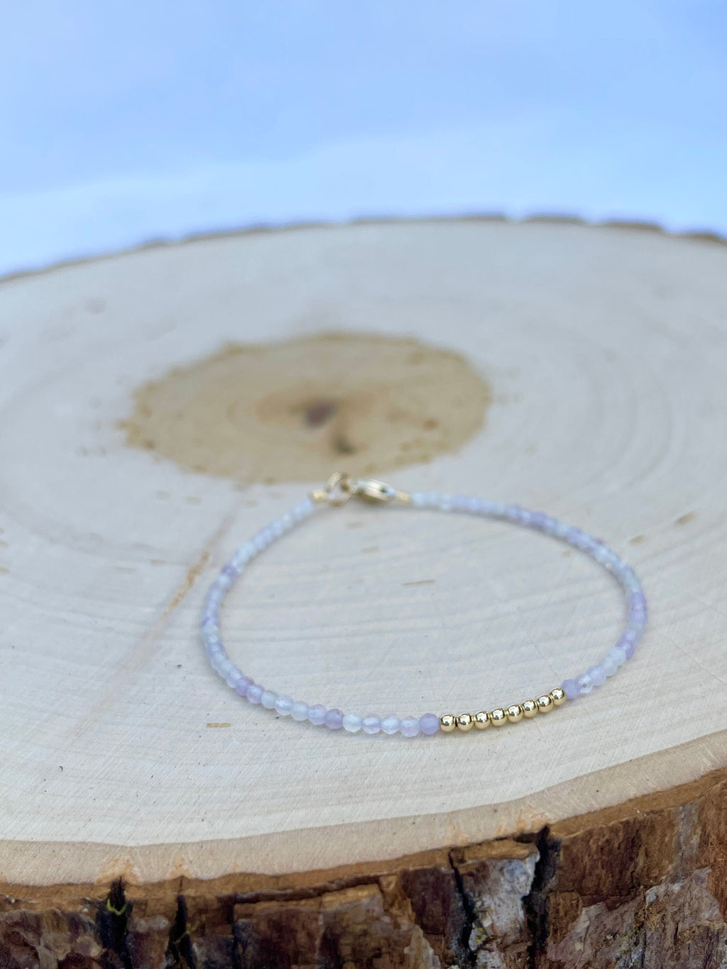 handmade amethyst birthstone gemstone bracelet with 14k gold filled, side view