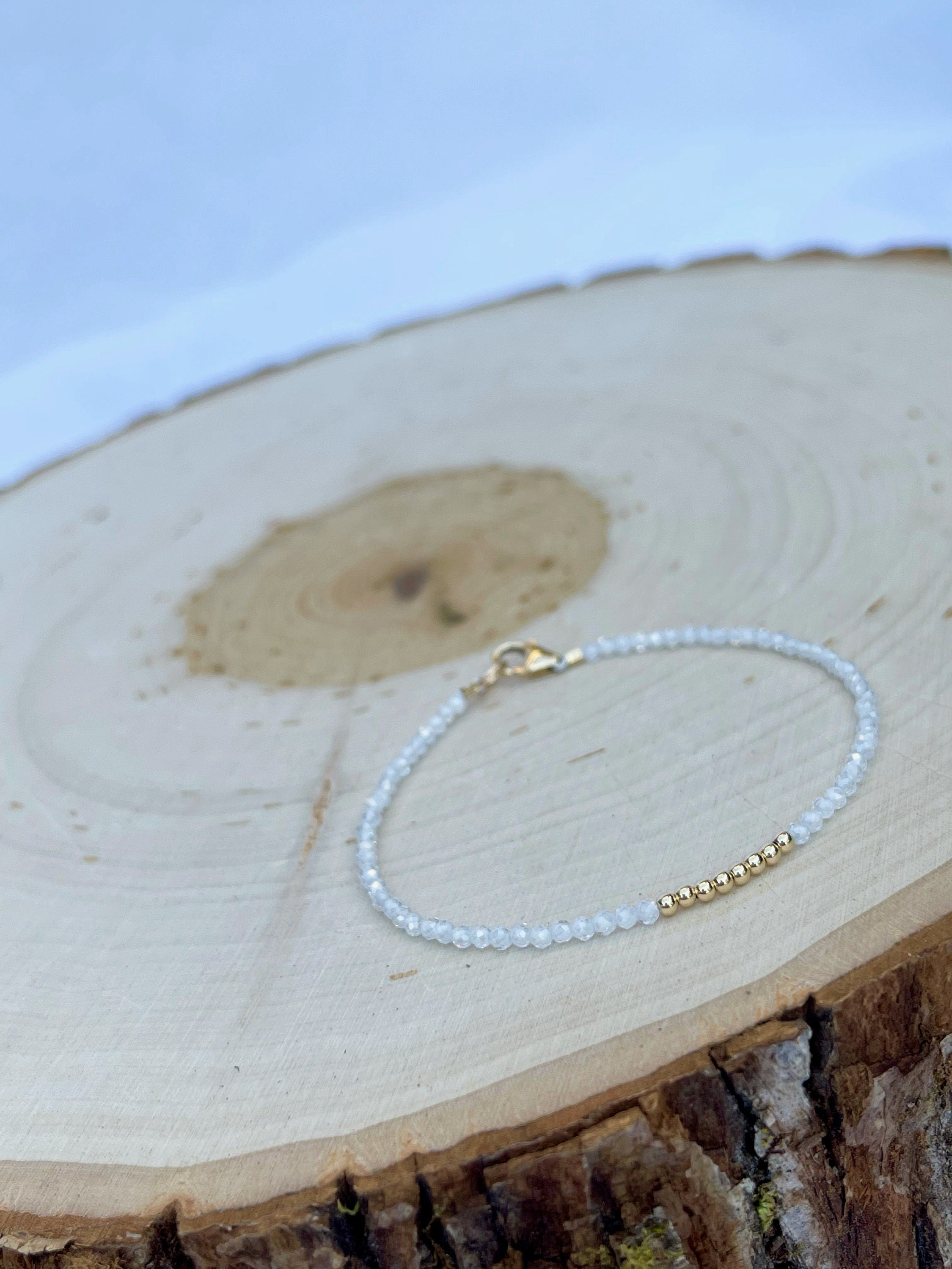 handmade cubic zirconia birthstone gem bracelet with 14k gold filled findings, side view
