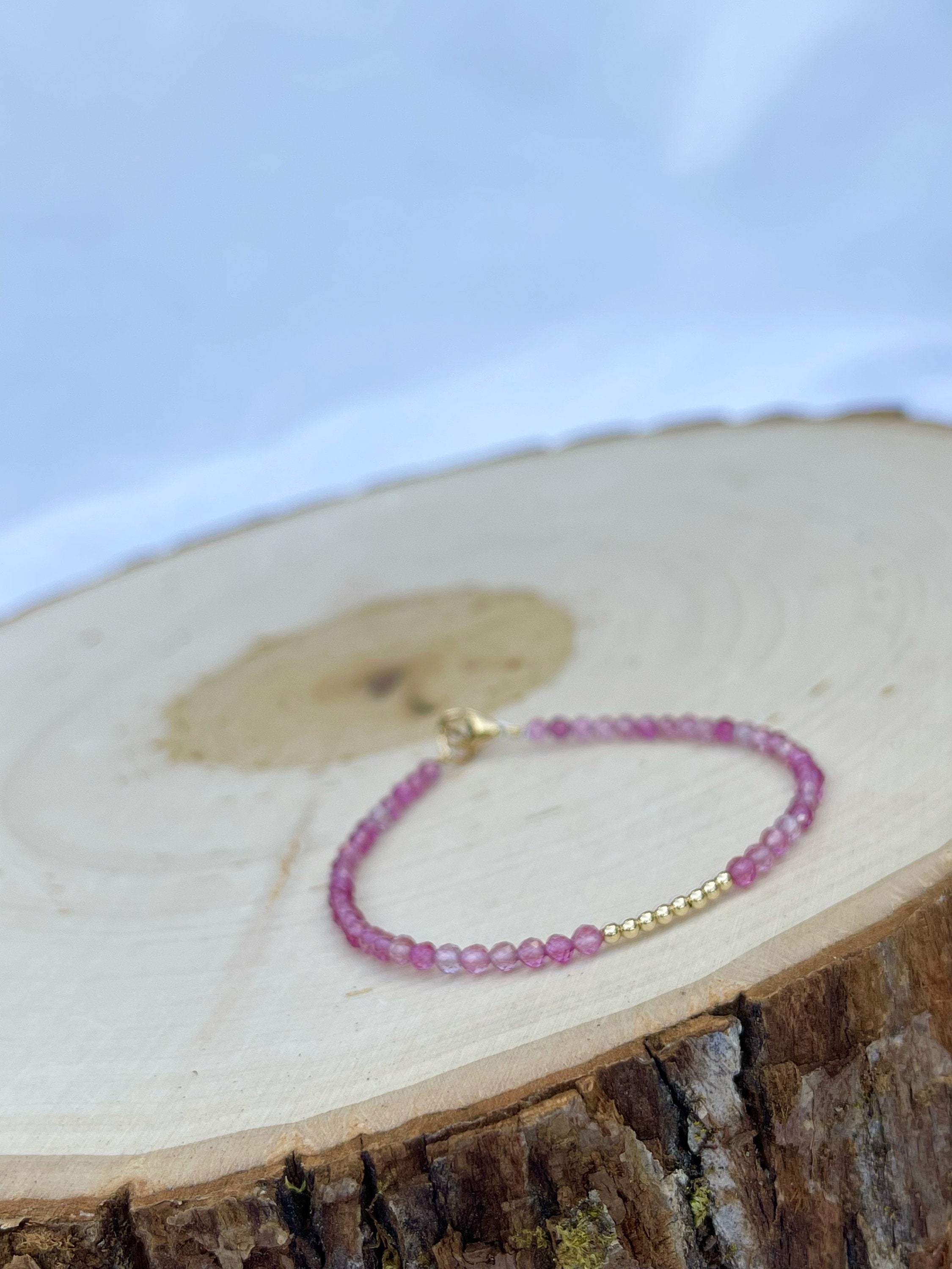 handmade pink tourmaline birthstone beaded bracelet, 14k gold filled, side view