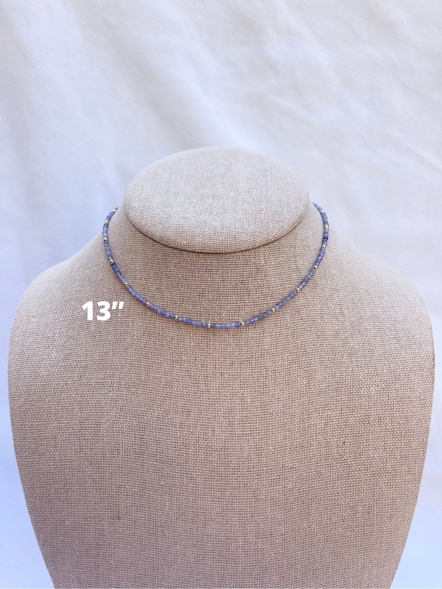 handmade tanzanite gemstone beaded necklace with 14k gold filled, 13 inch size display 