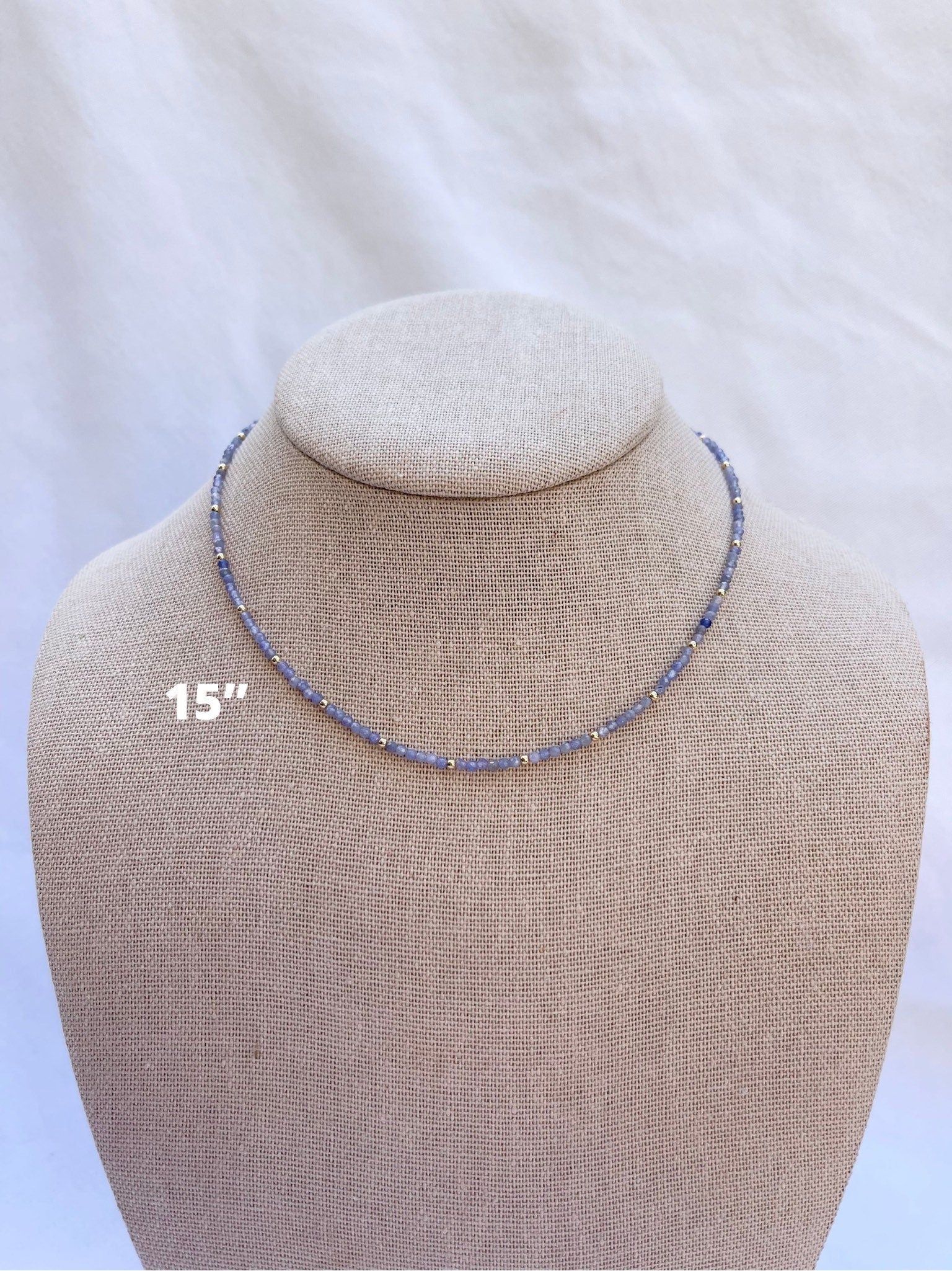 handmade tanzanite beaded gemstone necklace with 14k gold filled, 15 inch size display 