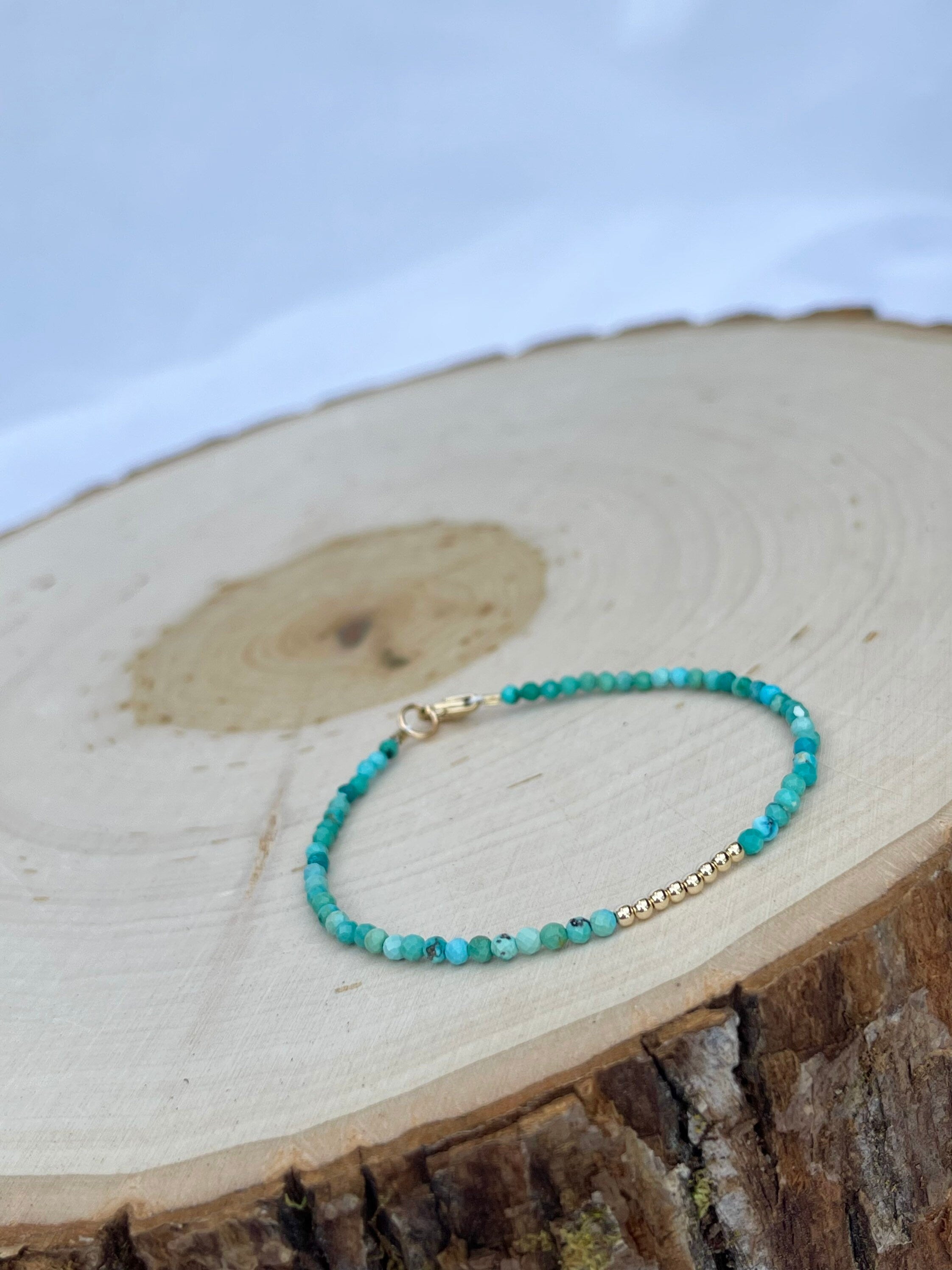 handmade turquoise birthstone gem bracelet with 14k gold filled findings, side view