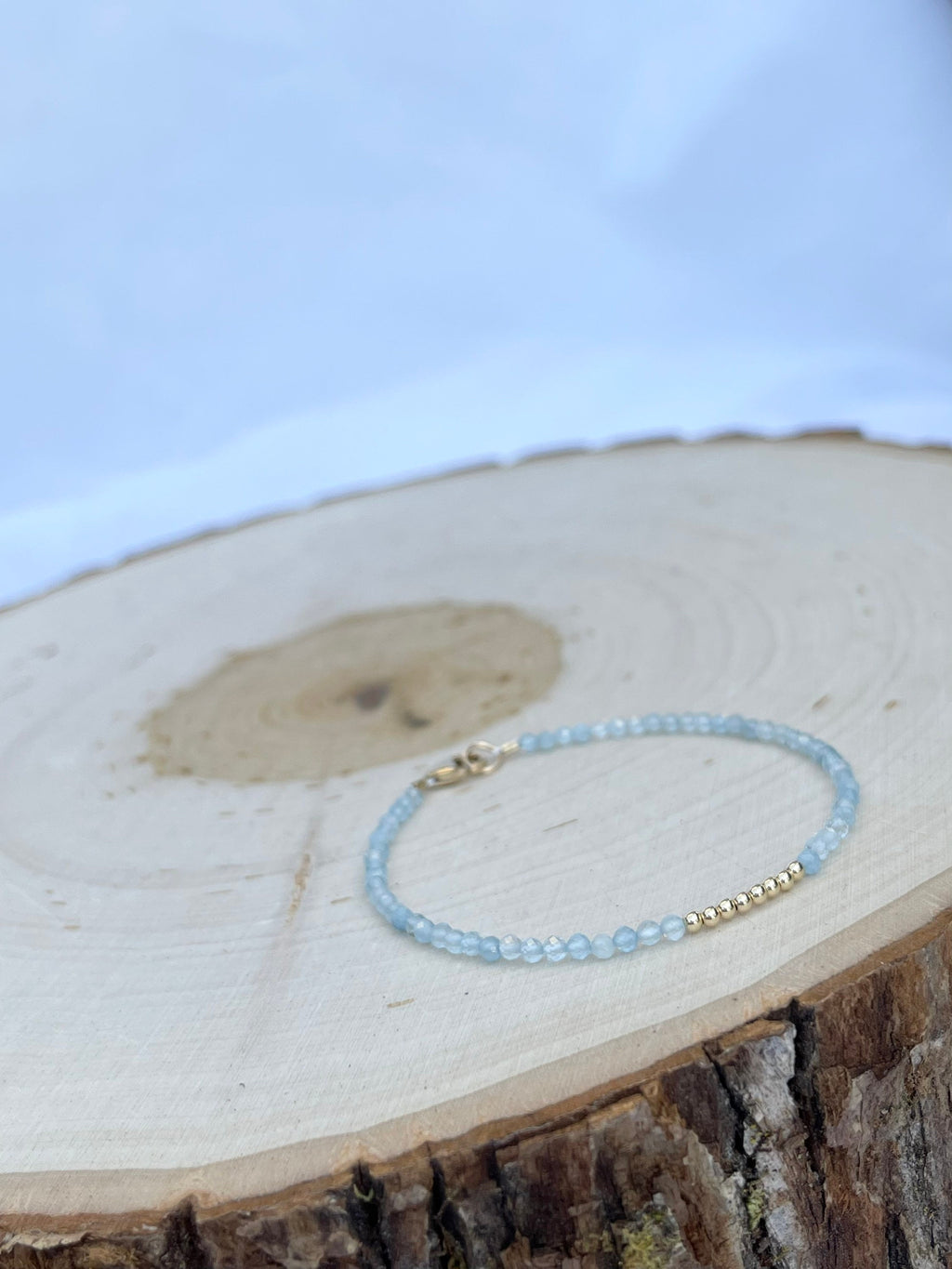 handmade aquamarine birthstone gem bracelet with 14k gold filled, side view